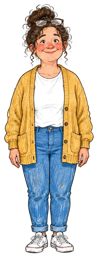 Mel in her mustard cardigan
