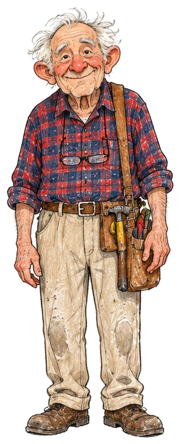 Pop with his old leather tool belt over his shoulder