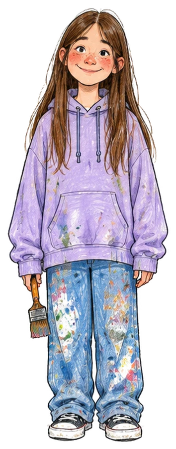 Ruby in her lilac hoodie and paint-splattered jeans, holding a paintbrush